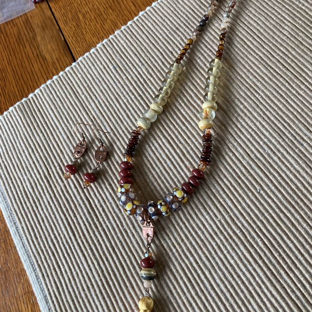 NWT Lampwork Glass Brown Gold Bead Necklace Copper & Tassel Pendant & Earrings